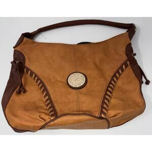 Tan With Brown Accents Women's Handbag Purse with Decorative Gold Pendant